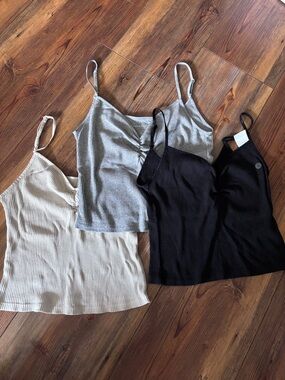 3 American Eagle Outfitters Ribbed V-Neck Camis - Black, Gray, Cream